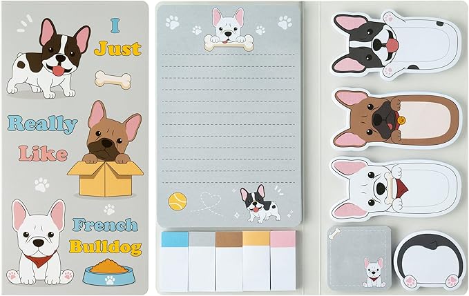 Xqumoi I Just Really Like French Bulldog Sticky Notes Set, 550 Sheets, Cartoon Bulldog Self-Stick Notes Pads Animal Divider Tabs Bundle Writing Memo Pads Page Marker Back to School Office Supplies