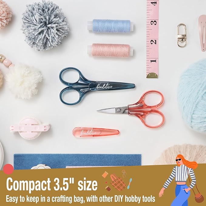 Beaditive Detail Craft Scissors Set (2 pcs) Curved and Straight, Sharp, Compact | Sewing, Embroidery, Paper Cutting, Crafting | Stainless Steel | Protective Cover (Blue&Pink)