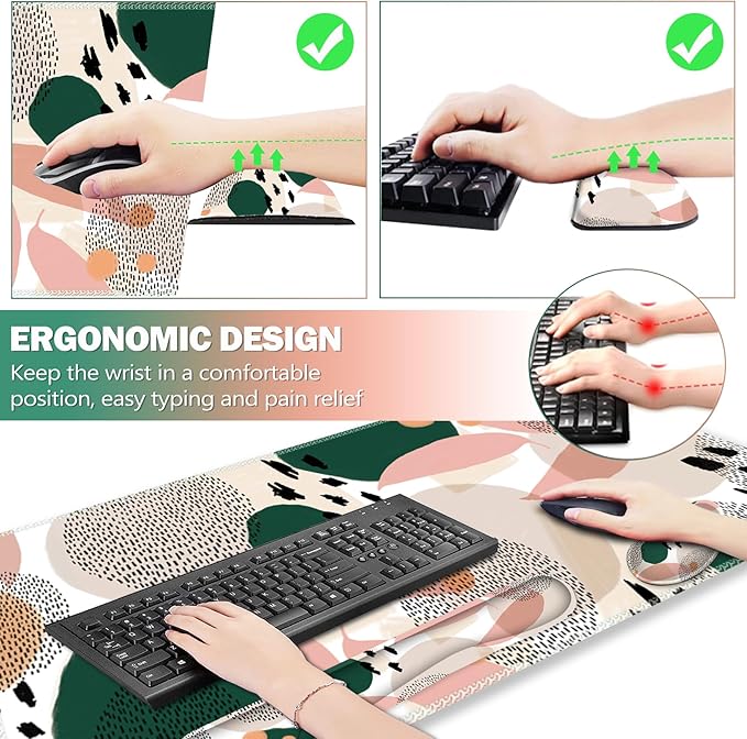 ARTSO Gaming Mouse Pad Wrist Support Set, XXL Large Desk Mat Mousepad + Keyboard Wrist Support+ Mouse Wrist Rest+Coaster 4in1 Ergonomic, Memory Foam, Stitched Edge for Home Office -Abstract Point