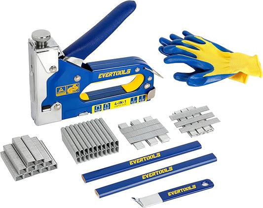 4-in-1 Heavy Duty Staple Gun Kit with 6,000 Staples, Adjustable Power and Jam-Free Design, Includes Staple Remover and Gloves for Upholstery, Furniture, Carpentry, Decoration and DIY