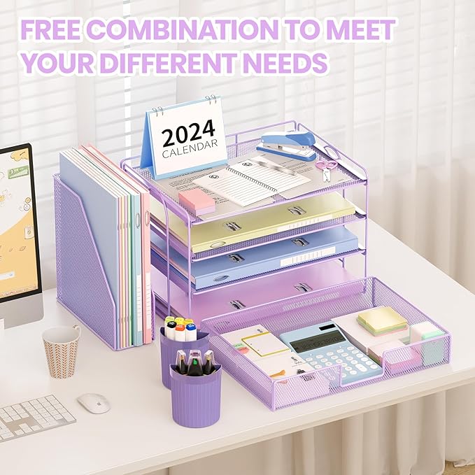 Desk Organizer and Accessories, 4-Tier Desktop File Organizer with Drawer and 2 Pen Holders, Office Desk Accessories for Office Supplies(Purple)