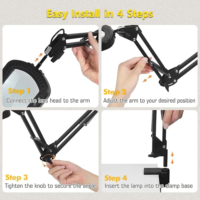 Magnifying Glass with Light Square Magnifier Desk Lamp 10X Close Up Work for Desktop Bench Crafting, Reading, Sewing, Ultra Long Swing Arm 3-Section, 5 Color Modes Design Rectangle Head Controller