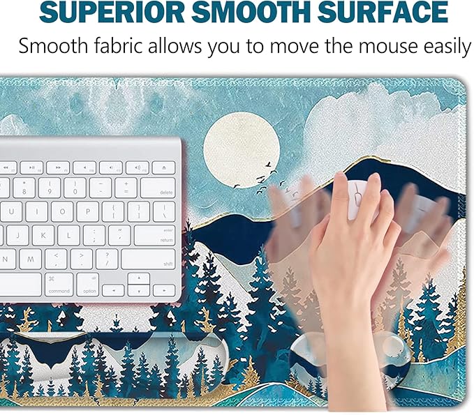 ARTSO Large Gaming Mouse Pad Set, Keyboard Wrist Rest Support + Mouse Wrist Cushion + Extended Mousepad + Coaster, 35x15.5in Multifunctional Desk Mat, Abstract Mountain