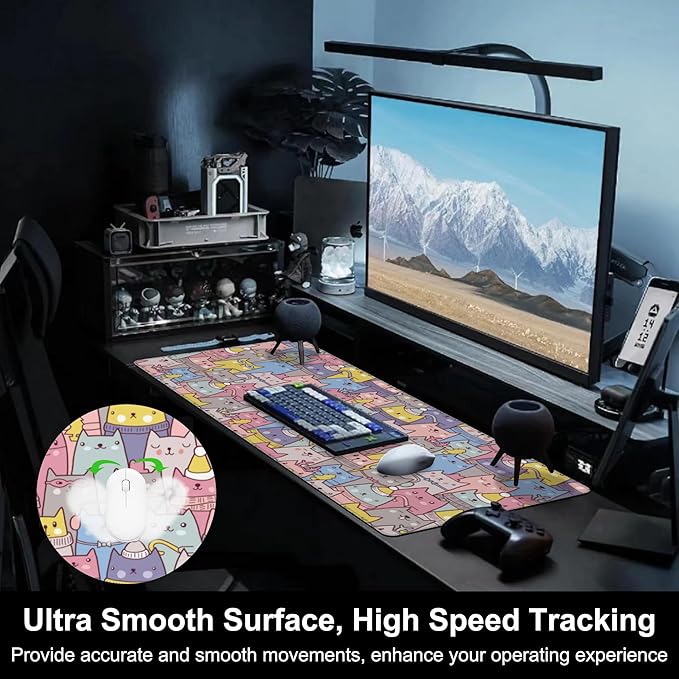 Mouse Pad, Large Cute Christmas Cats Desk Mat, Extended Non-Slip Gaming Keyboard Mousepad Desk Pad, Thick Stitched Edges Waterproof Mouse Mat 31.5"x15.7" (Cartoon Christmas Kittens)