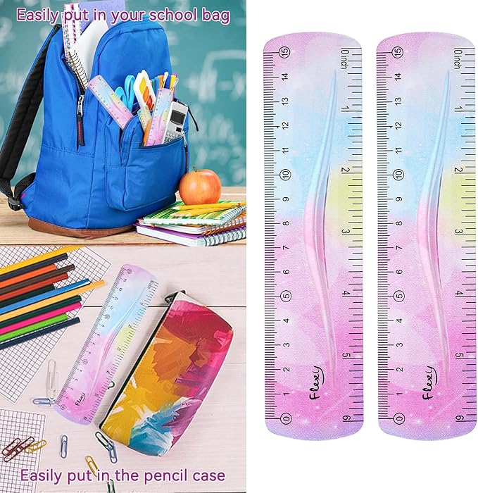 Grevosea 2-Piece Flexible Ruler, 15cm/6inch Plastic Shatterproof Straight Edge Soft Bendable Ruler for School, Classroom, Office, Kids & Adults