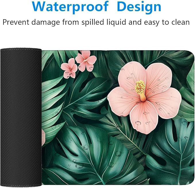 Tropical Leaves Gaming Mouse Pad Desk Pad Flowers Ferns Nature Green Pink Mouse Pad Mousepad Extended Laptop Keyboard Mat Gaming Desk Pad Mouse Mat Office Computer Keyboard Laptop Home 31.5"x11.8"