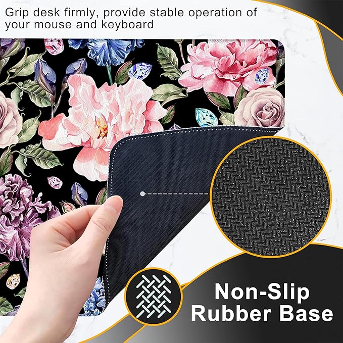 Gaming Mouse Pad, Watercolor Rose Peony and Iris Flower Large Desk Mat for Keyboard and Mouse,Non-Slip Rubber Base and Stitched Edges Desk Pad for Home Office 35.4x15.7in