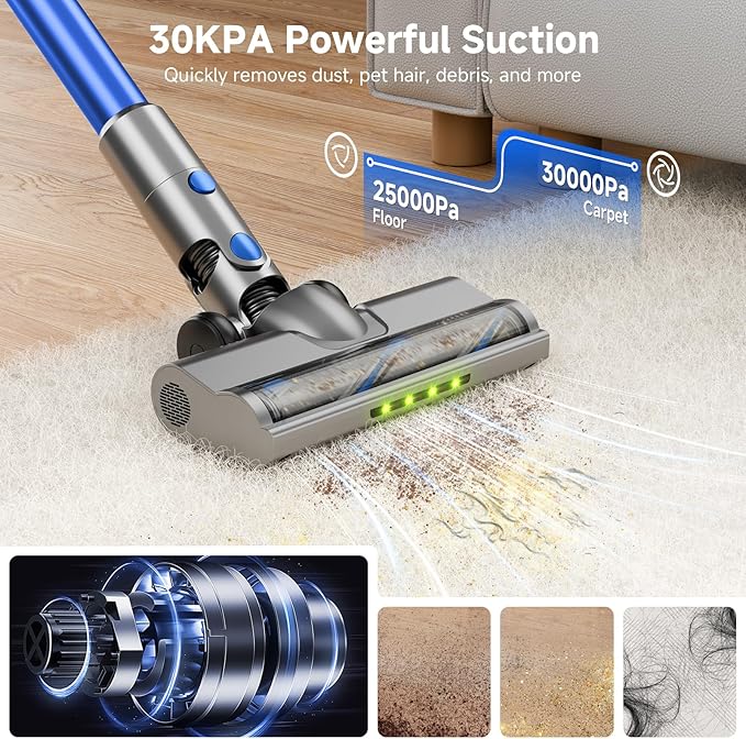 Honki Cordless Vacuum Cleaner for Home, Powerful Stick Vacuum with Rechargeable Battery, Green Light Anti-Tangle Brush, 6-in-1 Lightweight Handheld Vacuum for Pet Hair, Hard Floor, Carpet