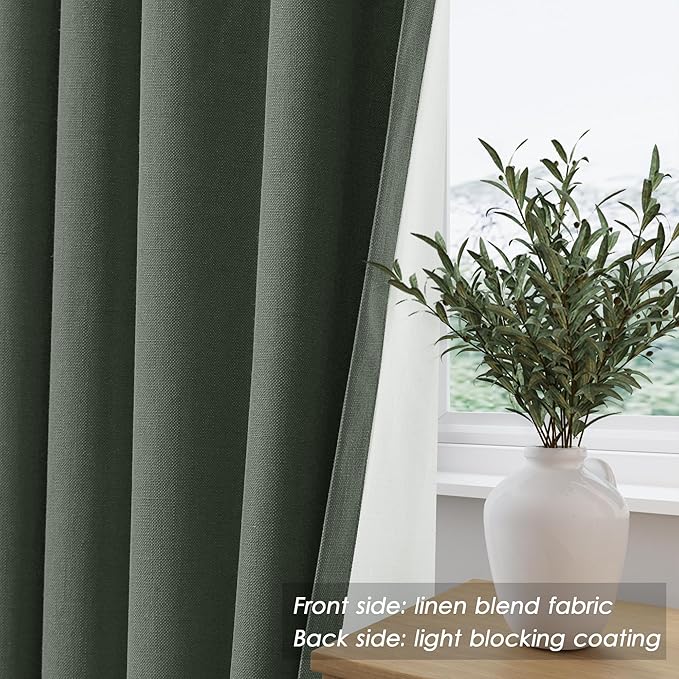 Blackout Olive Green Linen Curtains 96 Inches Long Back Tab Heat Reflective Full Light Block Out Curtains 2 Panels for Bedroom Windows Textured Long Draperies with Liner Floor to Ceiling Length 8Ft