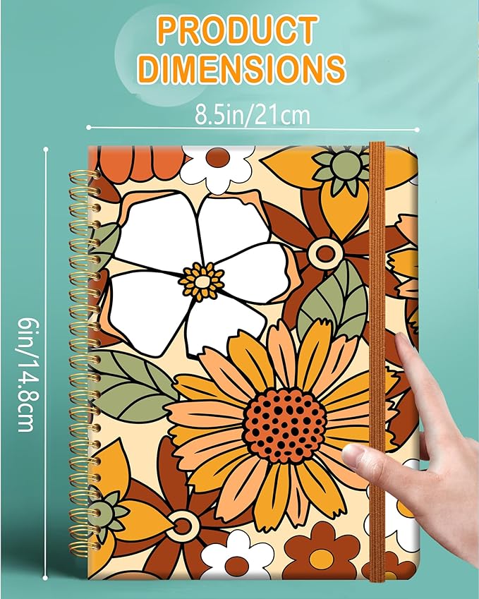 Ruled Spiral Writing Notebook,A5 Hardcover Lined College Journal for Women,Strong Twin-Wire Binding with Premium Paper,8.4" X 6",Perfect for School,Office,Home(White Orange Daisy)
