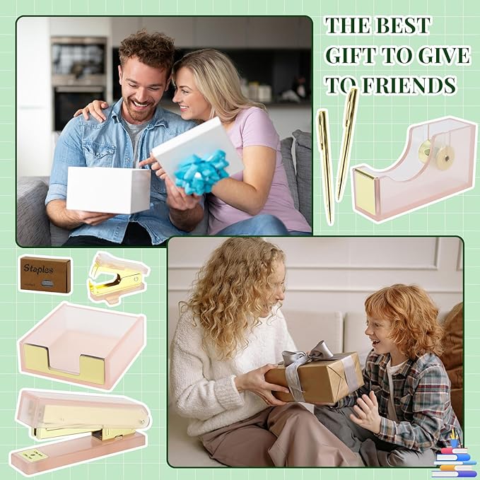 Buqoo Pink Acrylic Sticky Notes Holder Stapler and Tape Dispenser Cutter with Staple Remover, Scissor, Ballpoint Pen, Sticky Notes, Paper Clips Set for School Home N Office Supplies