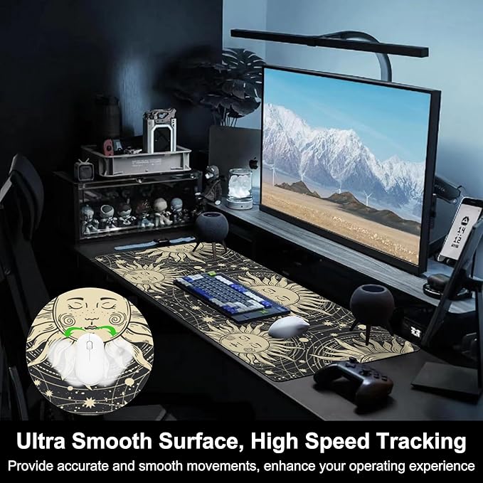 Mouse Pad, Large Golden Sun with a Face and Orbits Desk Mat, Extended Non-Slip Gaming Keyboard Mousepad Desk Pad, Thick Stitched Edges Waterproof Mouse Mat 31.5"x15.7" (Boho Pattern)