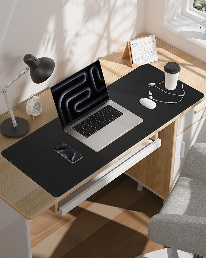 Leather Desk Pad Protector - 48" x 17" Non-Slip PU Leather Large Mouse Pad, Waterproof Desk Blotter Mat for Office and Home (Black)
