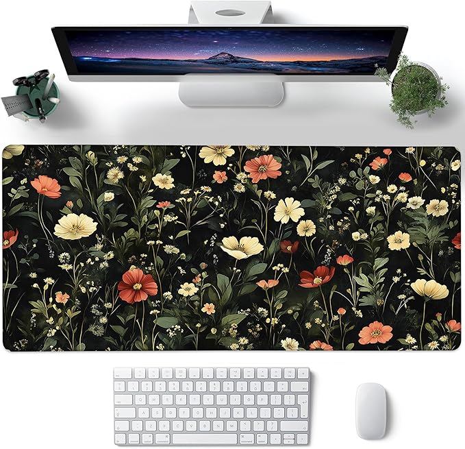 Desk Pad, Colorful Wildflowers Floral XXL Gaming Mouse Pad with Stitched Edges,Non-Slip Waterproof Rubber Base Large Desk Mat for Keyboard and Mouse 35.4"x15.7"