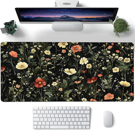Desk Pad, Colorful Wildflowers Floral XL Gaming Mouse Pad with Stitched Edges,Non-Slip Waterproof Rubber Base Large Desk Mat for Keyboard and Mouse 31.5"x11.8"