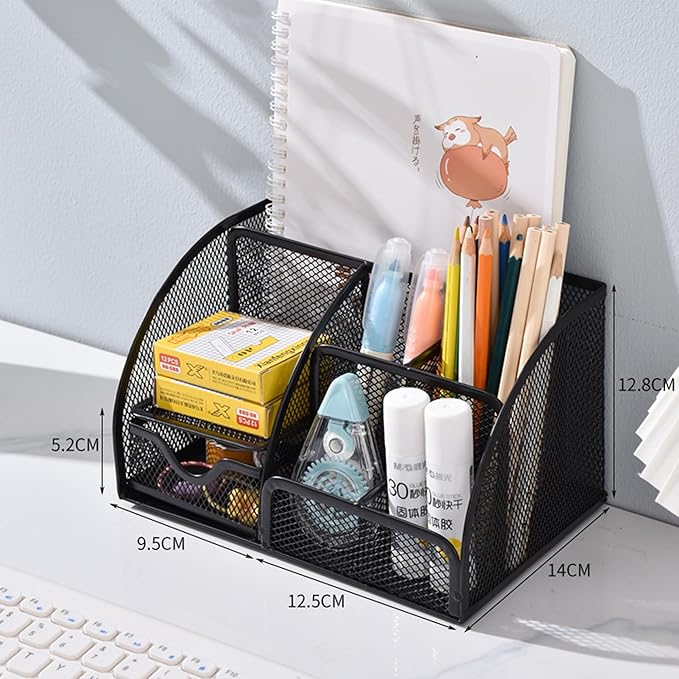 Black Mesh Pen Holder and Organizer Office Supplies with 7 Compartments, Desktop Organizer with Drawer, Metal Pen Holder for Desk, ‎9.1" x 5.9" x 5.5''
