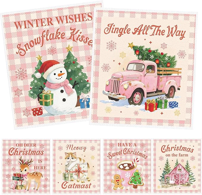 Pink Christmas Swedish Dishcloths for Kitchen, 6 Pack Snowman Truck Reusable Dish Paper Towels Housewarming Gifts, Xmas Absorbent Dish Rags for Home Cleaning