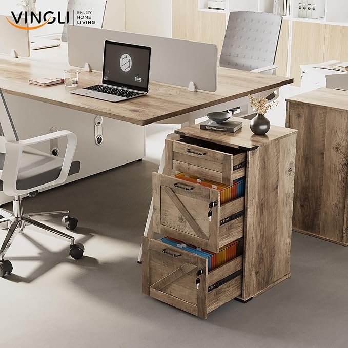 VINGLI 3 Drawer File Cabinet with Lock, Home Office Filing Organizer, for Letter Size File Folder Storage, Modern Farmhouse Style, Wood Vertical Filing Cabinet, Archivador (Rustic Gray)