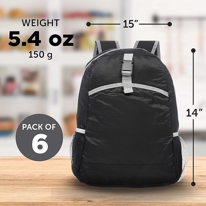 DISCOUNT PROMOS Lightweight Travel Packable Backpacks Set of 6, Bulk Pack - Perfect for Camping, Outdoor Sports - Black