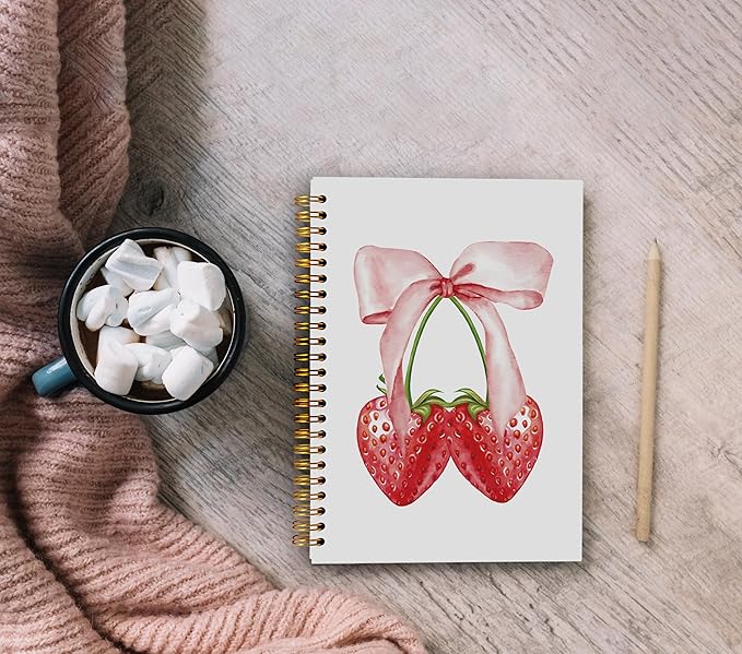Strawberry Notebook, Coquette Pink Bow Notebook, Preppy Aesthetic Journal for Note Taking, Cute Girly Notebook, Preppy Gifts for Women, Pink Office Supplies, Spiral Notebook 5.5x8.3 Inch