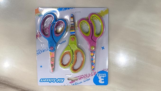 Patterned kids Scissors, Blunt Safety Children's Handmade Scissors, Stainless Steel Blades, Soft Grips, Pink, Blue, Fruit Green 3 Piece Set