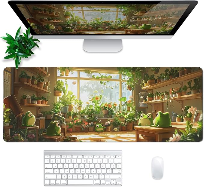 Cute Frogs Green Mouse Pad Abstract Green Mouse Pad 31.5x11.8 Inch Frog Texture Non-Slip Rubber Base Large Mousepad Stitched Edges Keyboard Mouse Mat Desk Pad for Office and Home