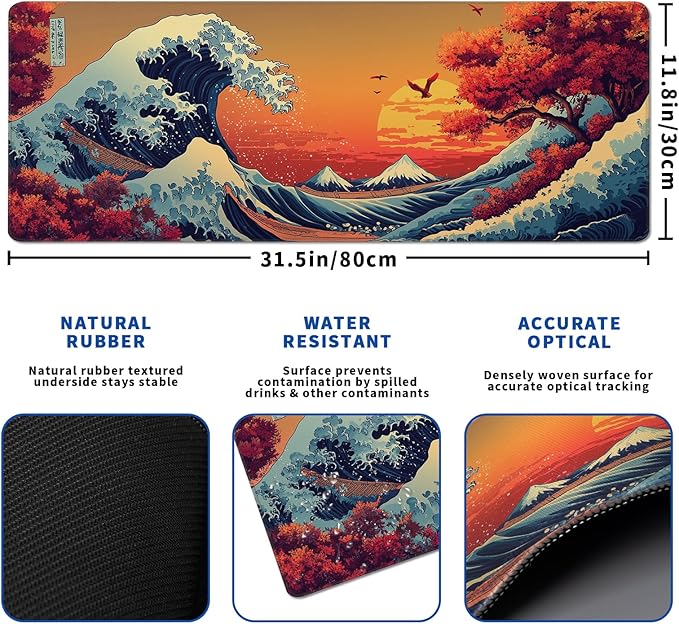 Japanese Gaming Mouse Pad Abstract Red Mouse Pad 31.5x11.8 Inch Red Sea Wave Texture Non-Slip Rubber Base Large Ocean Mousepad Stitched Edges Keyboard Mouse Mat Desk Pad for Office and Home