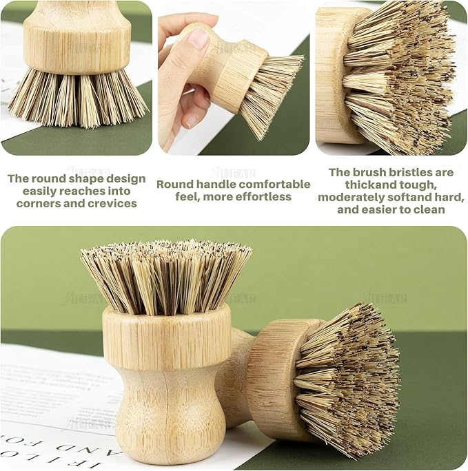 AUEAR, Natural Bamboo Dish Scrub Brush Cleaning Pot Scrubber Brushes Coconut Bristles for Cast Iron Skillet Pots Pans (4 Pack)