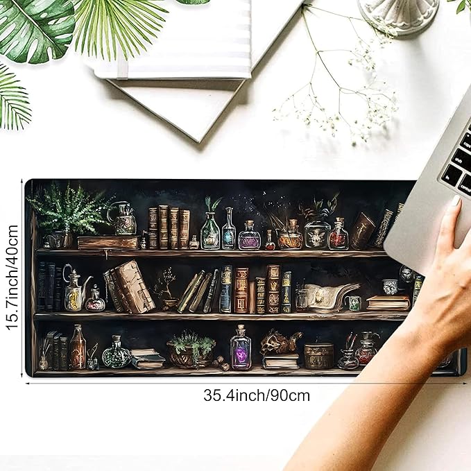 Desk Pad, Black Academia Fantasy Bookshelf Goth Skull XXL Gaming Mouse Pad with Stitched Edges,Non-Slip Waterproof Rubber Base Large Desk Mat for Keyboard and Mouse 35.4"x15.7"