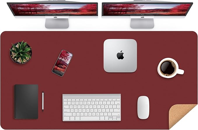 Desk Mat 47" x 23.7" Leather Desk Pad Protector with Natural Cork & PU Leather, Non-Slip Office Desk Mat, Double-Sided Large Mouse Pad, Waterproof Desk Pad for Office&Home (Red)