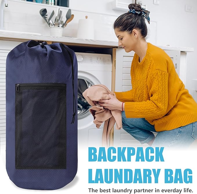 Portable Laundry Backpack With Adjustable Shoulder Straps, Drawstring Closure & Mesh Pocket for Travel, College, Apartment, Camping (Dark Blue)