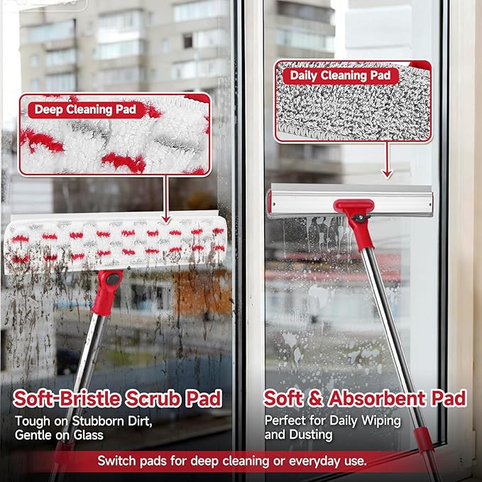 Wa.IE Jiemi 2-in-1 Professional Window Squeegee, 86.6'' Window Cleaner Tool with 6-Section Extension Pole, Window Cleaning Kit with 4 Microfiber Cloth, Window Washing Equipment for in/Outdoor Windows