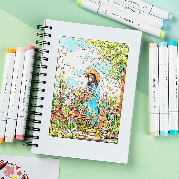Ohuhu Double-Sided Marker Pads Art Sketchbook Bleedproof - 5.5"x8.5" Small Paper Size - 90 lb/150 gsm Smooth Drawing Paper - 60 Sheets/120 Pages, Spiral Bound Sketching Book for Alcohol Markers Paints