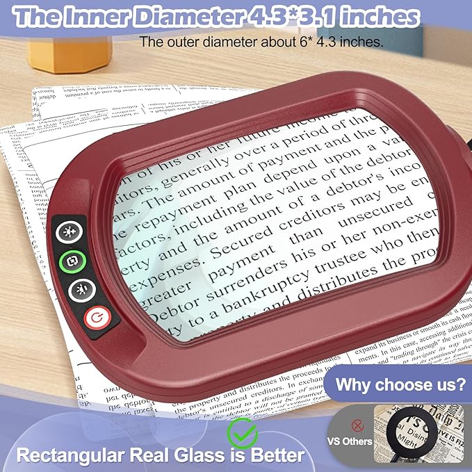 10X Square Magnifying Glass with Light and Stand, Real Glass LED Lighted Magnifier, 5 Color Modes Stepless Dimmable, Hands-Free Mag Desk Lamp with Clamp for Reading Craft Hobby Close Work - Red