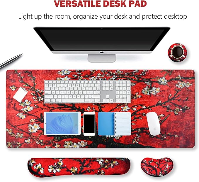 ARTSO Large Gaming Mouse Pad, Keyboard Wrist Rest Pad & Wrist Support Mousepad Set, Stitched Edge, Extended, Non-Slip Base, Memory Foam Desk Mat 4pcs for Office & Home, Red Van Gogh Painting