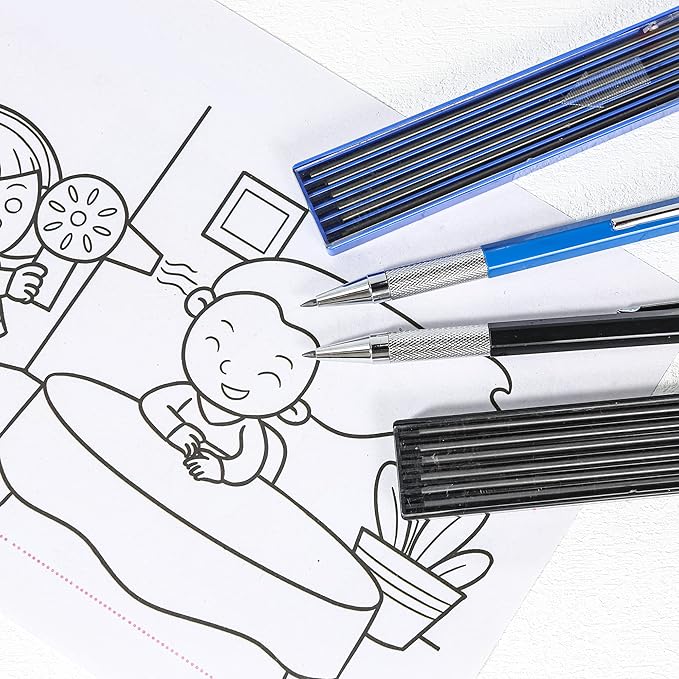2mm Mechanical Pencil Set, 2 Pieces Artist Carpenter Drafting Pencils 2.0 mm with 2 Tube Lead Refill (HB, 2B), Art Lead Holder Metal Marker for Draft Drawing, Writing, Art Sketching