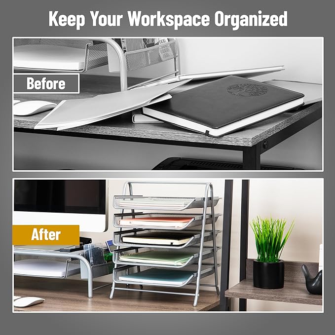 Mind Reader 5-Tier Paper Tray Organizer, Vertical Desktop File Storage Rack, Office, Metal Mesh, Silver