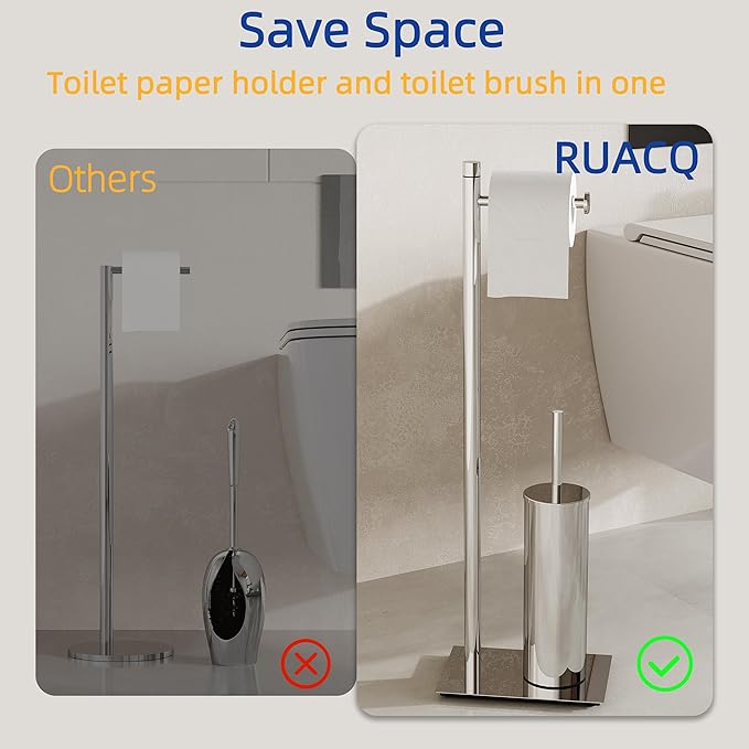 RUACQ Toilet Paper Holder Stand with Toilet Brush and Holder Set, 304 Stainless Steel Bathroom Toilet Tissue Paper Roll Holder Free Standing, Weighted Base, Heavy Duty (Chrome)
