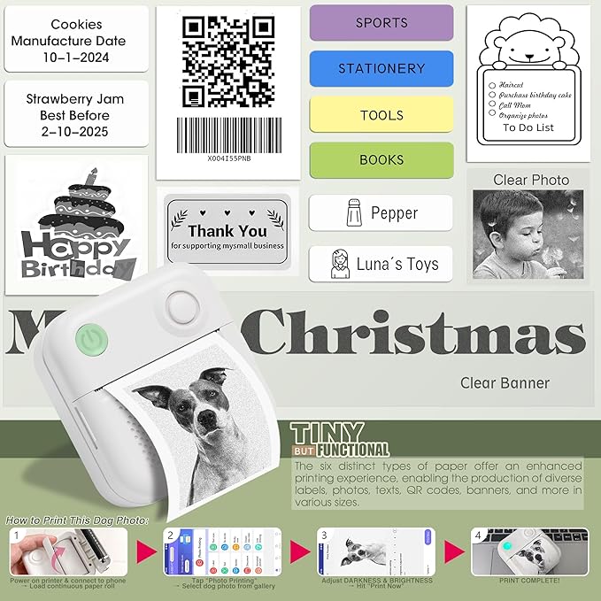 Label Maker Machine with 6 Waterproof Tapes, Thermal Label Maker, Portable Mini Bluetooth Label Printer with Clear Tape for Home, Kitchen, School, Office Organization