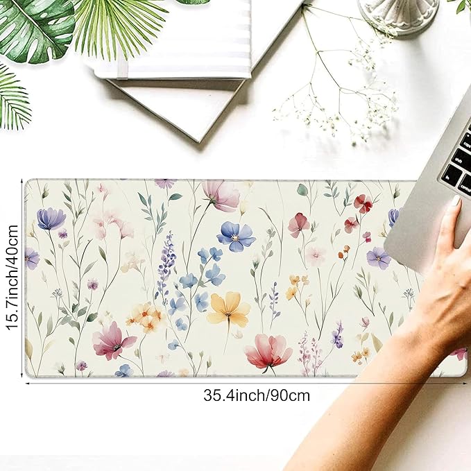 Desk Pad, Watercolor Floral Flowers Leaves XXL Gaming Mouse Pad with Stitched Edges,Non-Slip Waterproof Rubber Base Large Desk Mat for Keyboard and Mouse 35.4"x15.7"