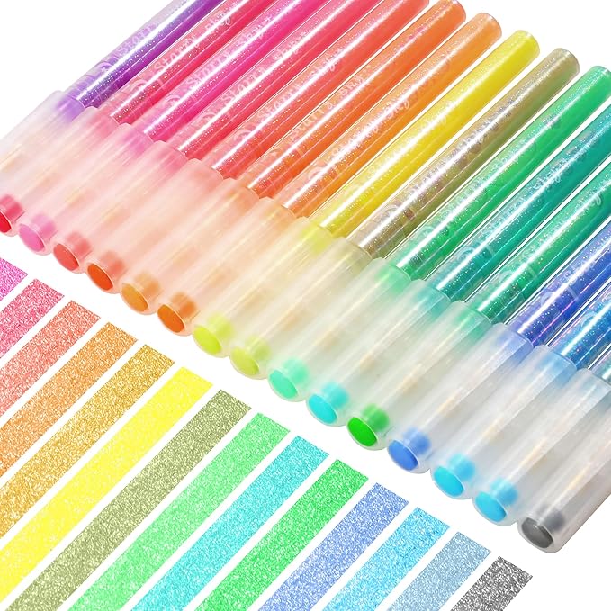 Glitter Highlighters, 16-Count, Chisel Tip Glitter Highlighters Assorted Colors, Sparkly Pastel Highlighter Markers for Adults Journaling Coloring Drawing Doodling