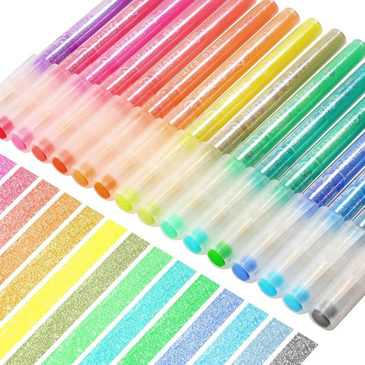 Glitter Highlighters, 16-Count, Chisel Tip Glitter Highlighters Assorted Colors, Sparkly Pastel Highlighter Markers for Adults Journaling Coloring Drawing Doodling