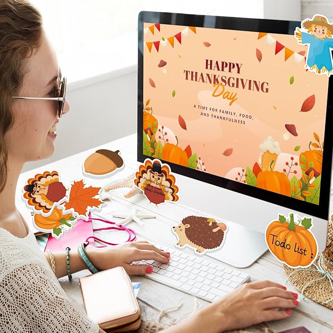 600 Thanksgiving Fall Sticky Notes, Cute Pumpkin Squirrel Turkey Sticky Notes Autumn Sticky Notepad Self Sticky Memo Pads for Fall Thanksgiving Harvest Party Favors Home Office School Supplies