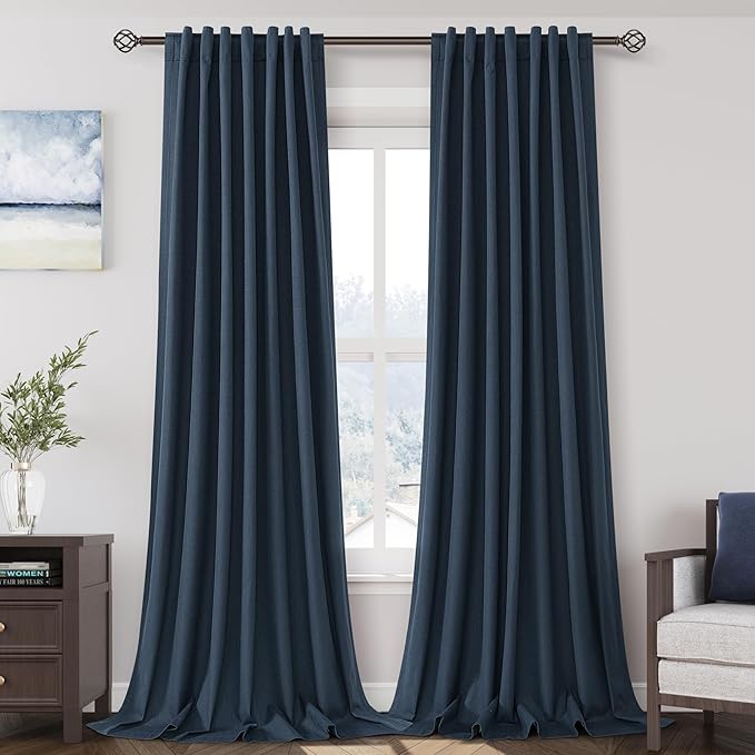 Full Black Out Vintage Blue Window Curtains Panels 102 Inches Long 2 Panels Set for Living Room Cotton Textured Long Blackout Curtain with Backing Thermal Insulated Drapes for Nursery Bedroom 52x102