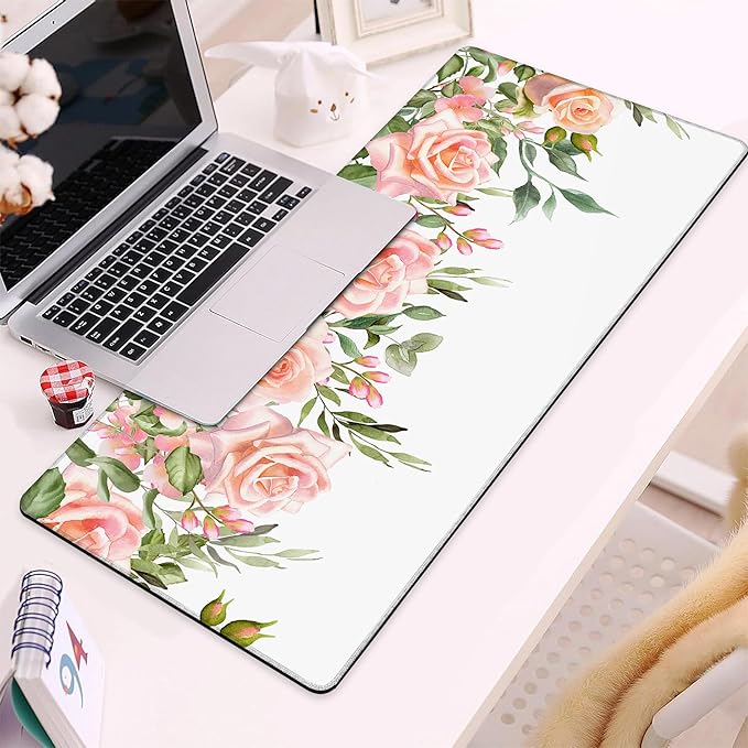 Gaming Mouse Pad, Watercolor Rose Flower Floral Large Desk Mat for Keyboard and Mouse,Non-Slip Rubber Base and Stitched Edges Desk Pad for Home Office 35.4x15.7in