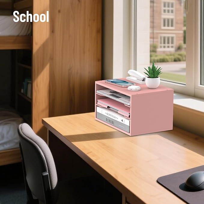 Wood Desk Organizer, 3 Tier Paper Tray Organizer for Desk with Adjustable Storage Shelves, Desktop Paper Sorter Mail Holder for Office Home Classroom, Pink