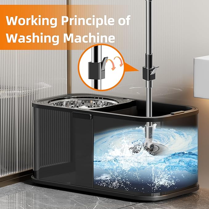SWIFTIRON Stainless Steel Spin Mop and Bucket with Wringer Set for Home,360° Mop and Bucket with Separate Clean and Dirty Water,Wet Dust Mop for Floor Cleaning with Extra Refills (Black)