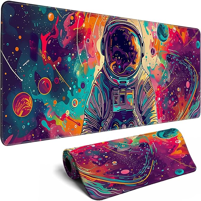 Desk Mat Colorful Space Desk Accessories Astronaut Extended Gaming Mouse Desk Pad Decorations for Office Keyboard Mousepad Mat31.5x11.8in, Stitched Edge Non-Slip Bottom Large Mouse Pad