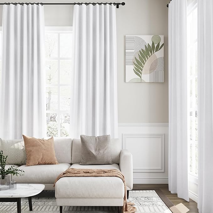 Full Black Out White Window Curtain, 105 Inches Long 2 Panels Set for Living Room, Cotton Textured Long Blackout Curtains with Backing Thermal Insulated Drapes for Nursery Bedroom Pure White