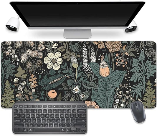 Dark Cottagecore Botanical Desk Pad Mouse Pad,Large Gaming Floral Mouse Mat with Stitched Edges,Non-Slip Waterproof Rubber Base Mousepad for Office Work Home Desk Mat(27.5X11.8 in)